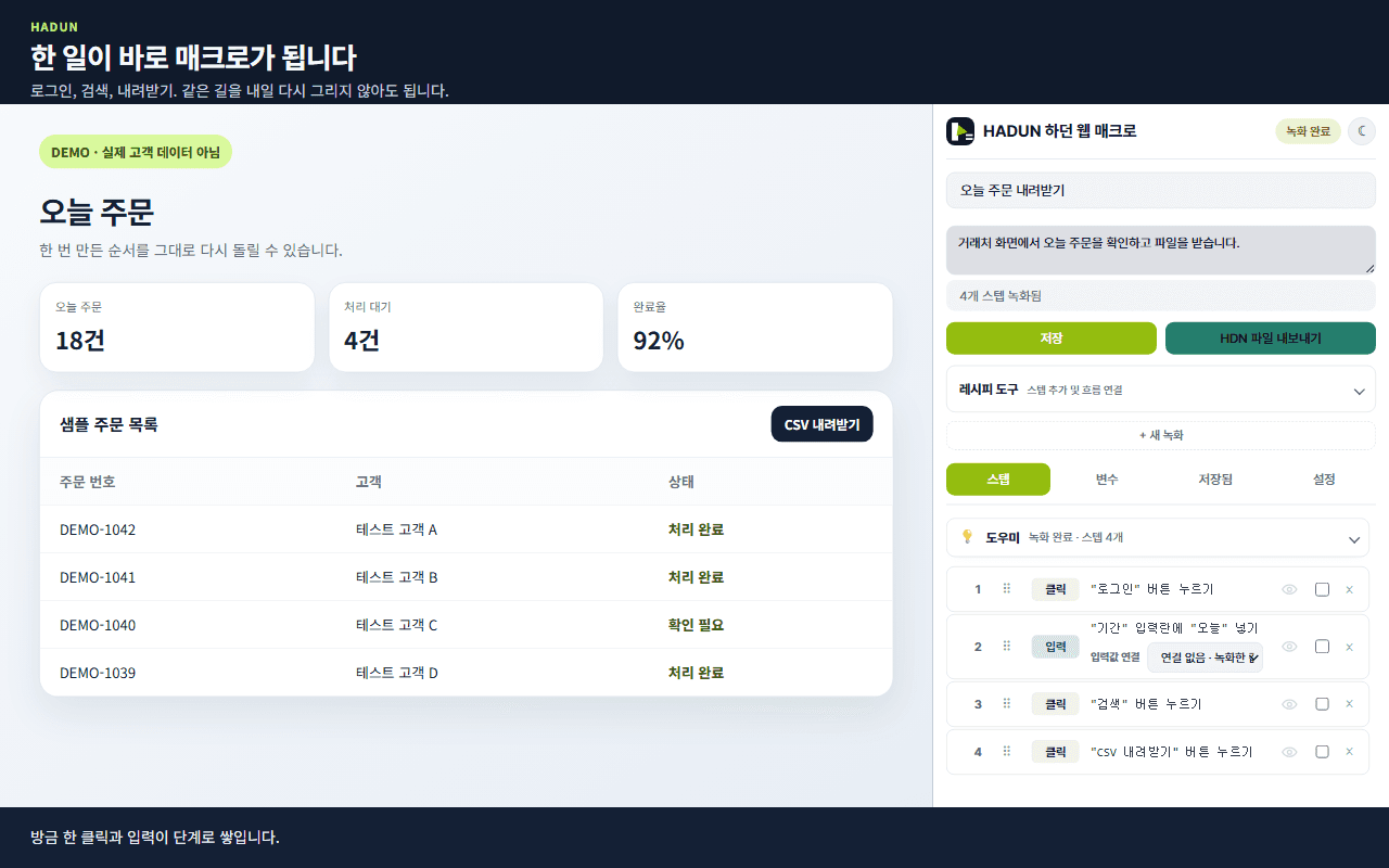 기록한 브라우저 동작이 순서가 있는 자동화 단계로 정리된 화면